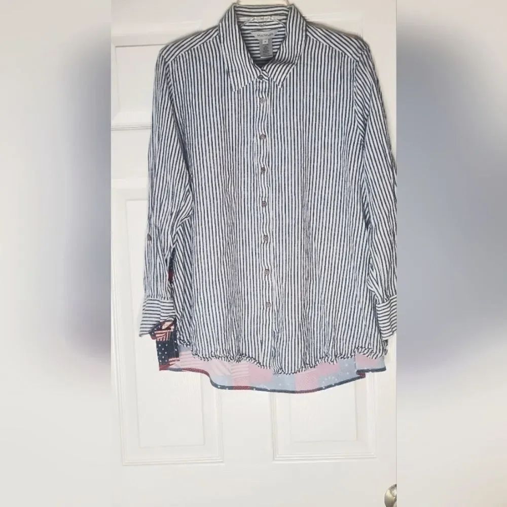 Multiples 1X Striped LINEN Blend American Star Patriotic Bac Lngslv Women Shirt